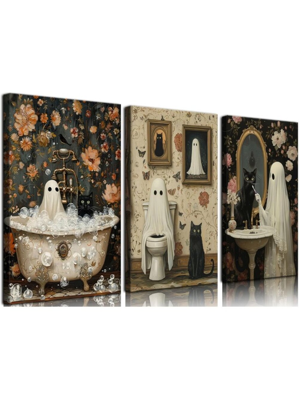 3Pcs Halloween Ghost Canvas Art | Creepy Black Cat & Retro Wall Decor Prints
